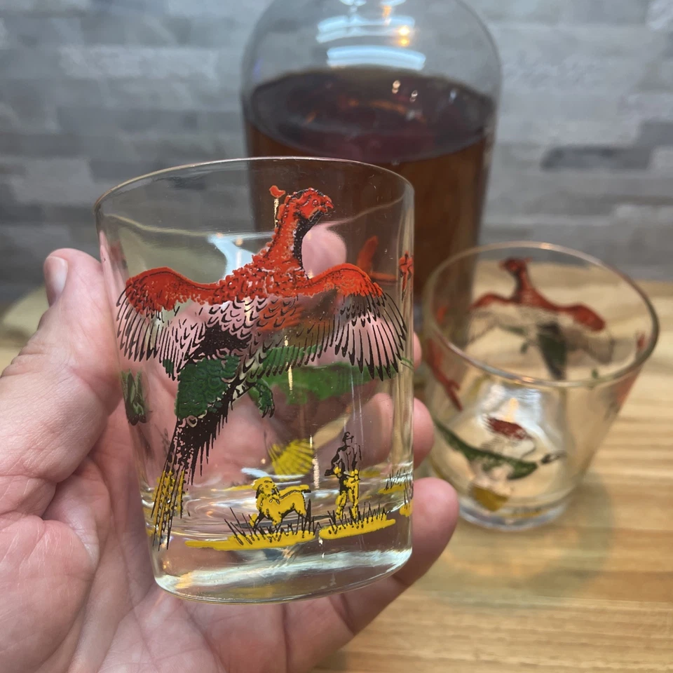 Vasos de faisán vintage de 2 piezas de Hazel Atlas hombre cueva pájaro cazador regalo Foto 3 de 4