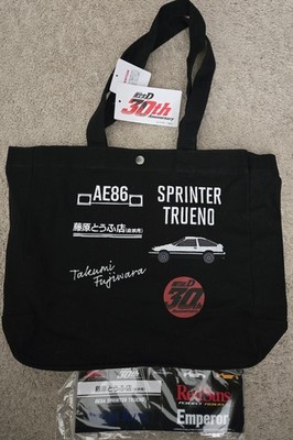 Initial D 30th AnnIversary Embroidered Black Tote Bag with anniversary stickers 