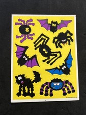 Vintage 80 s Fuzzy Halloween Bats Spiders Cats Sticker Sheet - Rare HTF