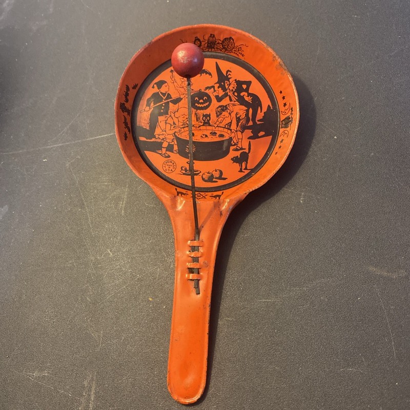 RARE Antique Halloween 1920s J Chein Tin Pan Clanger Noisemaker Apple Bobbing