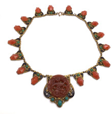 Vtg Art Deco Czech Filigree Panel Necklace Molded Carnelian Glass Neiger Style 1