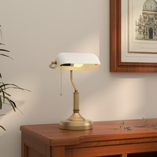 Banker's Table Lamp w/ Antique Bronze Tone Base and Glass Shade