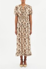 ULLA JOHNSON Rosamunde Puff Sleeve Silk Midi Dress Beige Size 4 Orig. $950 NEW