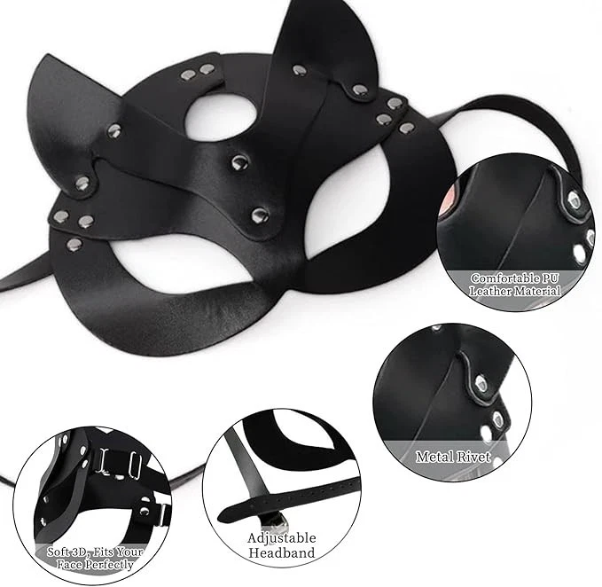 Masquerade Party Half Face Cat Eye Mask, Ears Headband Gloves Fancy Dress Outfit - Image 4 of 4