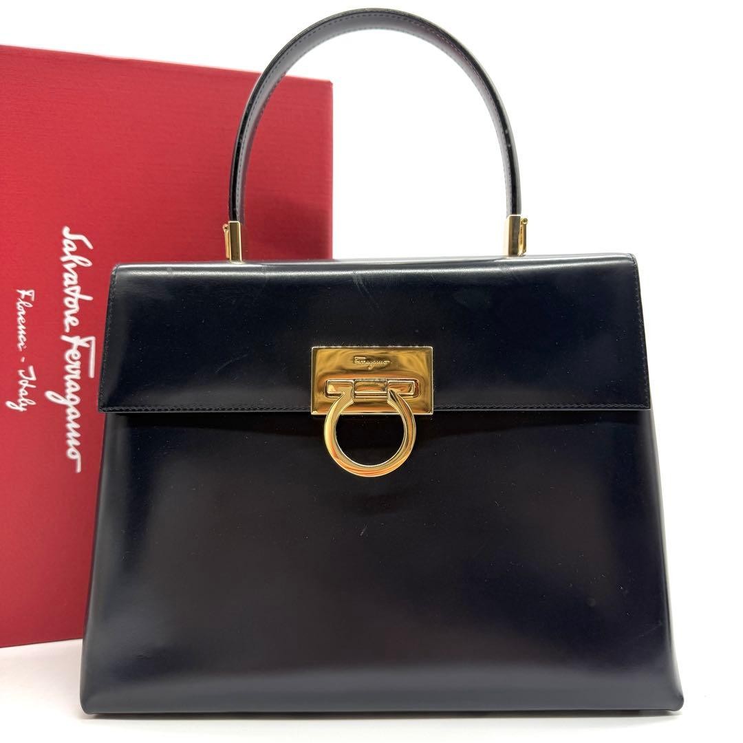 Salvatore Ferragamo Hand Bag Tote Purse Gancini Leather Dark Navy Authentic