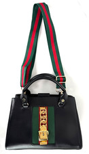 Gucci Auth Black Leather Sylvie Bag Web Crossbody Top Handle Crossbody Runway