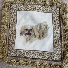 Shih Tzu Dog Needlepoint Pillow Cover Wool Tassles Case New Leopard Print 18”