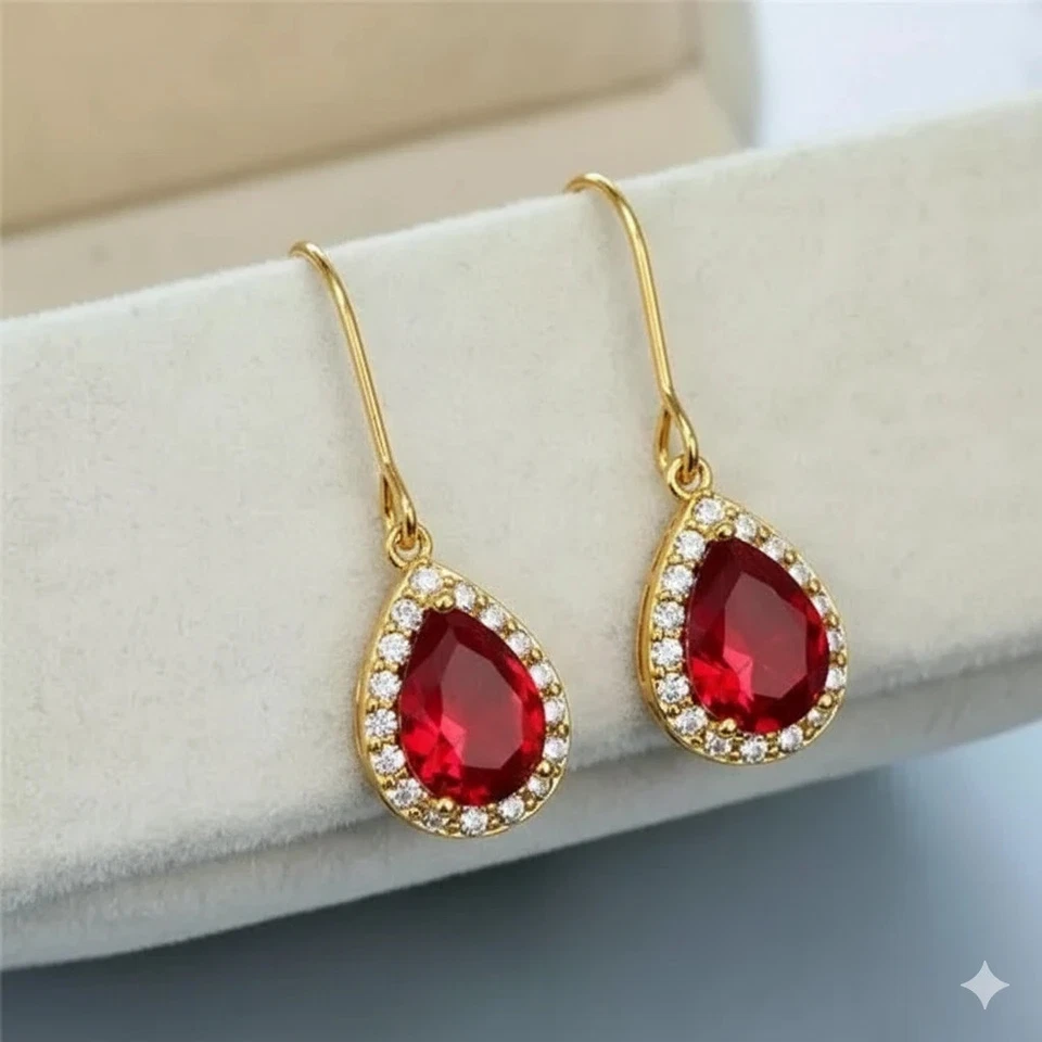 4Ct Lab-Created Ruby & Diamond Drop/Dangle Halo Earrings 14K Yellow Gold Finish - Image 4 of 4