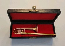 Miniature Replica Gold Trombone In Red Velvet Case. 5 1/2  