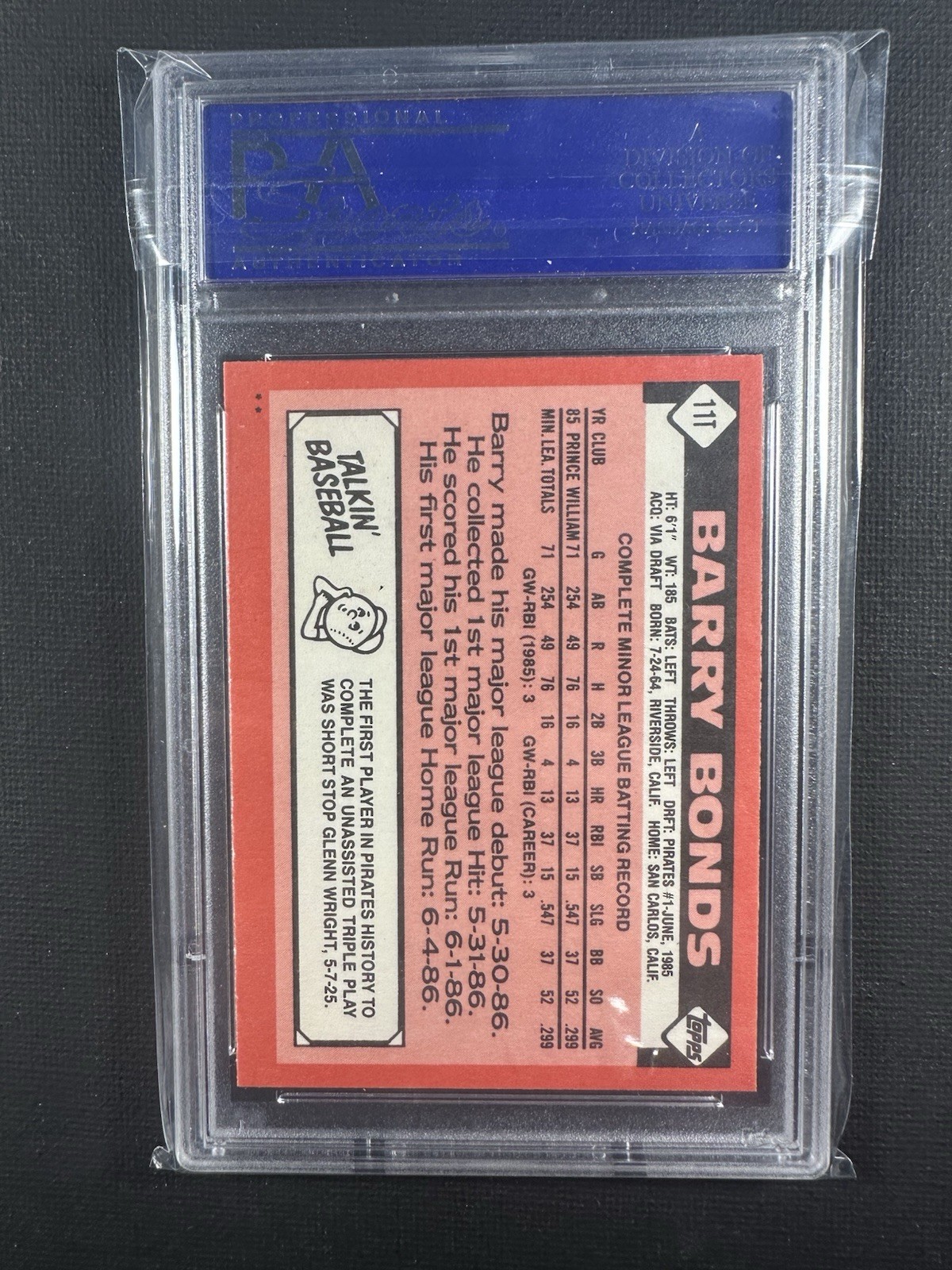 1986 Topps Traded # 11T Barry Bonds PSA 10 view 2