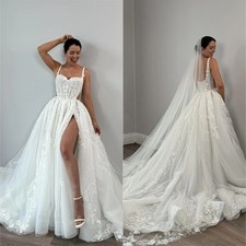 Floral Straps Lace Embroidery Wedding Dress High Side Split Floor-Length Formal