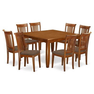 East West Furniture Parfait 9-piece Dining Set with Linen Chairs in Saddle Brown
