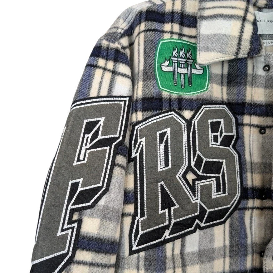 First Row Sporting Goods Plaid Varsity Patch Shirt Jacket Mens M Streetwear image 5