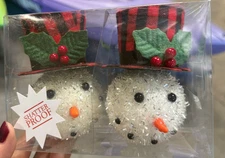 Christmas Ornament Sparkly Snowman Head, Red & Black Plaid Hat 5”x3” Set Of 2