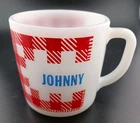 Vtg Westfield Coffee Mug Cup Name Johnny Milk Glass Red White Plaid Gingham USA