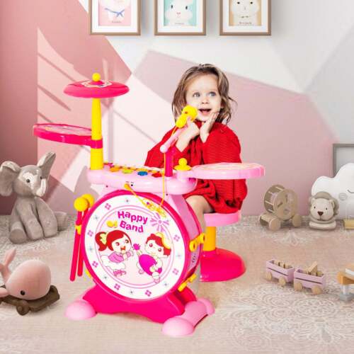 NNECW 2-in-1 Kids Electronic Drum Kit Toy with Keyboard & Microphone-Pink - Picture 1 of 11