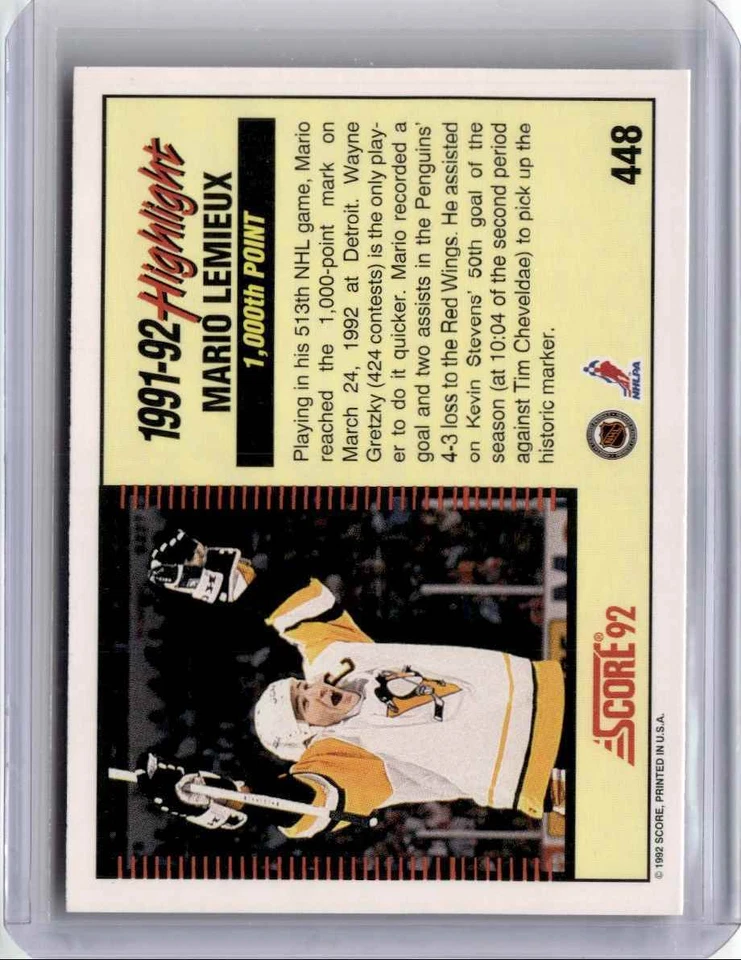 1992-93 Score Hockey Card Mario Lemieux Pittsburgh Penguins #448 - Image 2 of 2