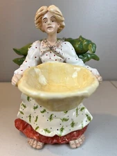 Vintage 2001 BLUE SKY Peasant Woman BIG FEET Pea Pods Candle Trinket Holder 8.5"