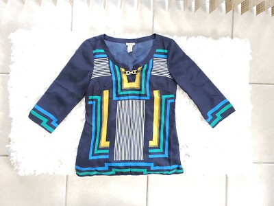  CACHÉ Women's Silk Tunic Top Geometric Print Gold HW Tie Blouse Shirt Ethnic M