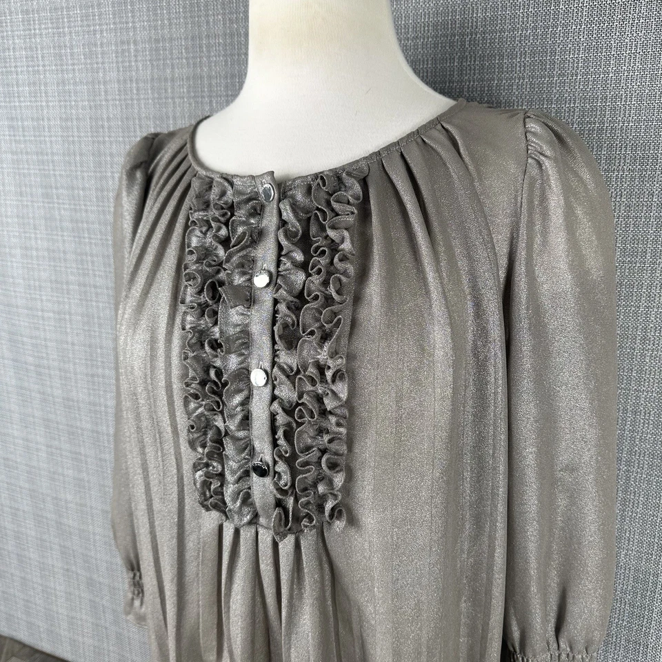 Ted Baker Emie Top Womens Size 4 S Silver Grey Pleated Ruffle Sheer 3/4 Sleeve - Image 2 of 4