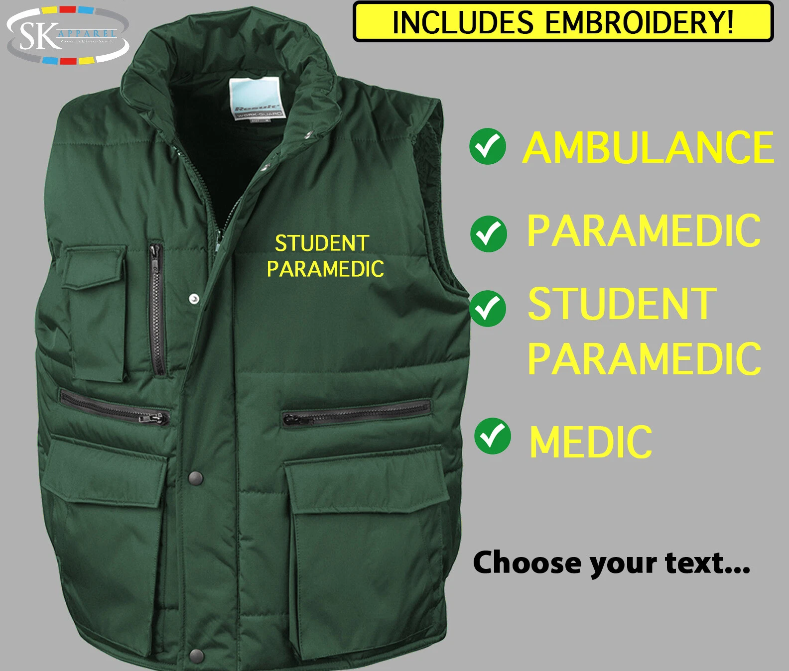 Ambulance Bodywarmer Gilet Bottle Green Printed Medic First Aid Jacket Coat
Opens in a new window or