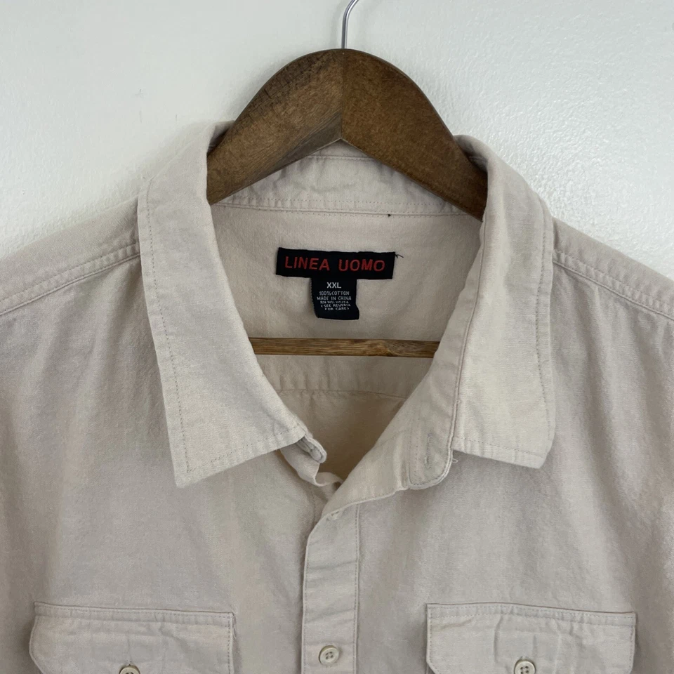 LINEA UOMO Shirt Mens 2XL XXL Beige Short Sleeve Button 2 Pockets Cotton - Image 4 of 4