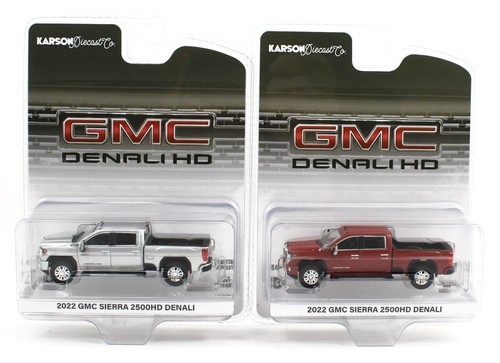 1:64 GreenLight *PAIR* Silver & Red 2022 GMC Sierra 2500HD Denali Pickup *NIP* - Picture 1 of 3