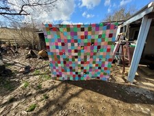 Vintage Hand and Machine Quilted Homemade Quilt 89x78 Squares Colorful B