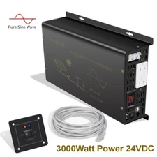 Power Inverter 3000W Pure Sine Wave 24V DC to 120V AC Remote Switch Car Truck