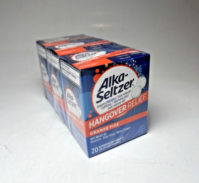 3 Pack! Alka-Seltzer Hangover Relief Tablets Orange Fizz (3 x 20 = 60 Tablets)