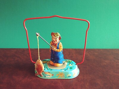 Scarce 1950's Blomer & Schuler Tin Wind-up Fred Fisherman w/ Or