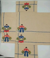 Vintage Embroidered Linen Placemats Set of 6 Kitsch Cottage Core Primative 