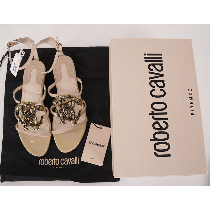 38 NEW $835 ROBERTO CAVALLI Nude Patent Leather GOLD RC SNAKE LOGO