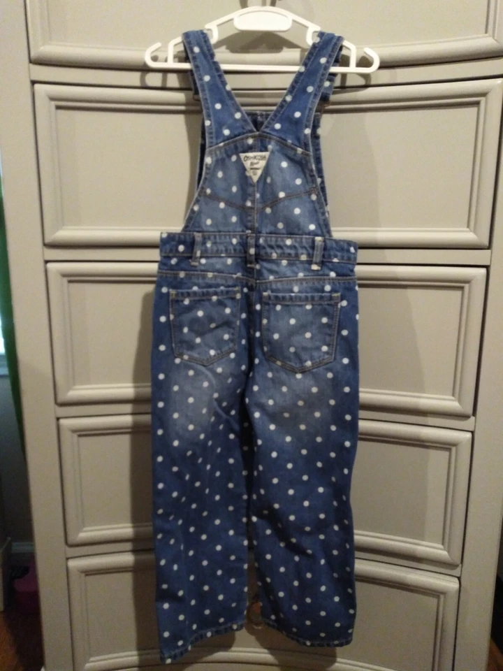 OshKosh Bgosh Girls Blue and White Polka Dot Denim Overalls Pants Size 4 V Back - Image 2 of 4