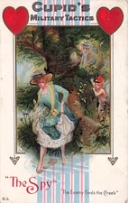 Valentines Day Card Military Tactics Girl Spy WWI Era Cupid Vtg Postcard G46