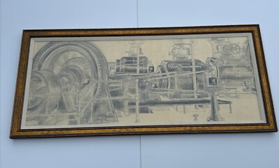 Jo Cain DRAWING ANTIQUE WPA MURAL STUDY LISTED INDUSTRIAL FACTORY MACHINERY
