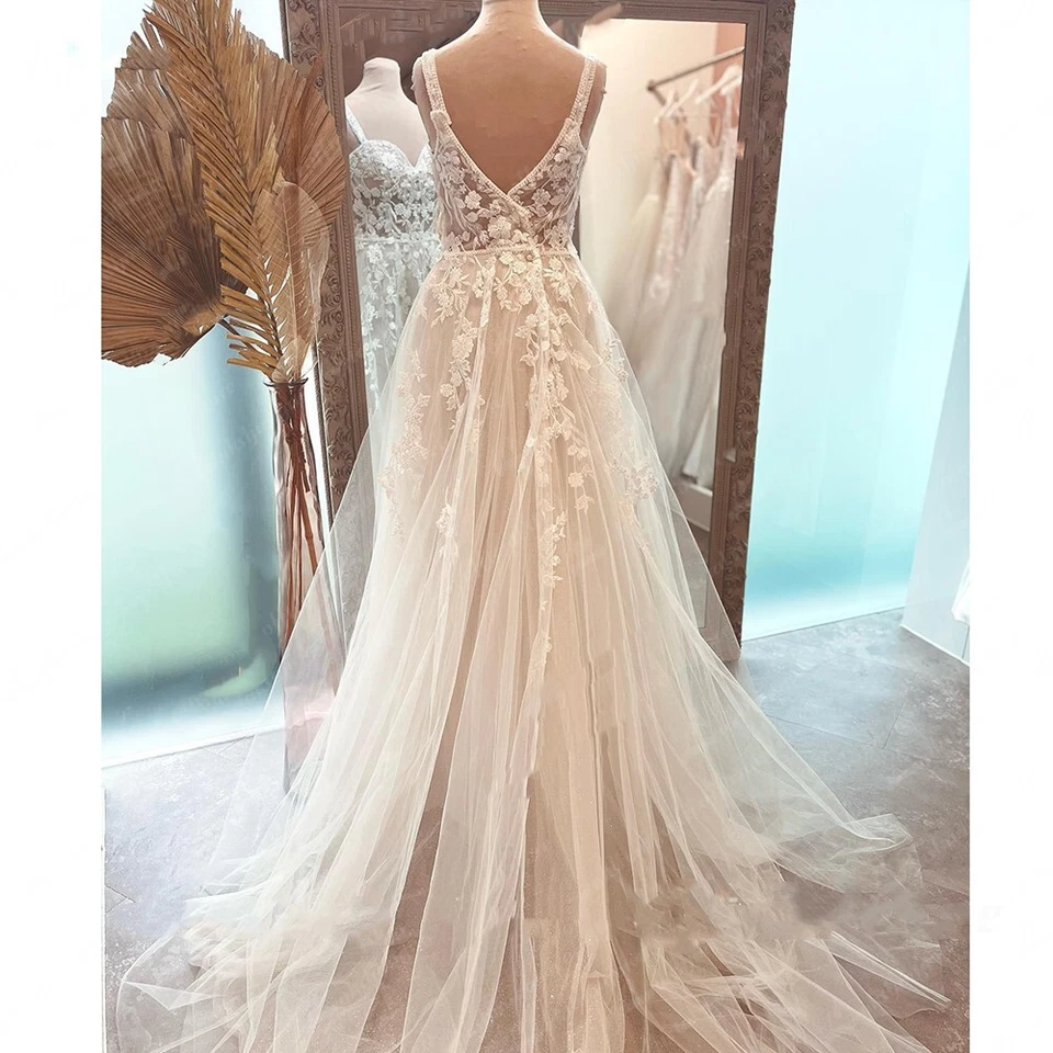 Boho Beach Wedding Dresses Backless A Line Spaghetti Straps Lace Bridal Gowns - Image 3 of 4