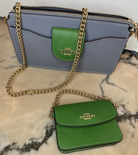 Coach Poppy Gold Chain Crossbody Bag With Card Case in Colorblock Gray/ Green - 第 3/17 張圖片