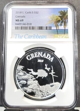 2018 EAST CARIBBEAN SILVER 2 DOLLARS GRENADA SCUBADIVER NGC MS 69 SCARCE GEM BU