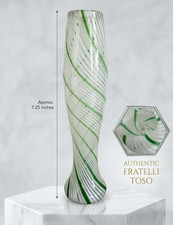 Vtg Murano Fratelli Toso Zanfirico Latticino Art Glass Vase Green White Filigree