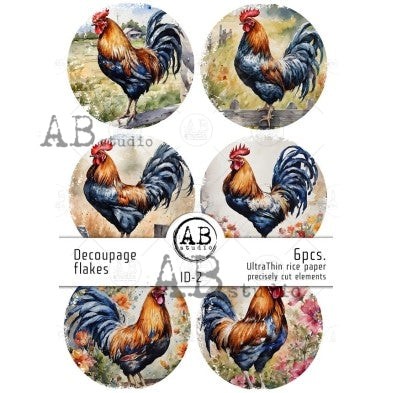 Chicken Rounds | Decoupage Flakes | Paper for Decoupage | AB Studios | 6 Pieces