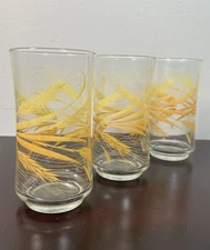Set of 3 Tall Glasses Wheat Stalk Design Gold Overlay Drinkware Kitchen Barware