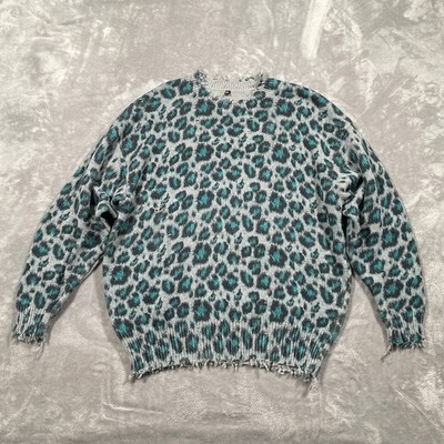 R13 Sweater Womens XXS Grey Blue Leopard Oversized Distressed Indie Boho Luxury