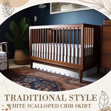 White Scalloped Crib Skirt 28"X 52" with 14" Drop Pleated Dust Ruffle with Split