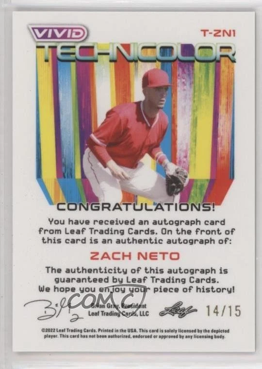 2022 Leaf Vivid Technicolor Green /15 Zach Neto #T-ZN1 Auto - Image 2 of 2