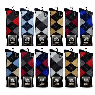 12 Pairs Mens Argyle Dress Socks Mid Calf Classic Design Cotton Size 10-13 