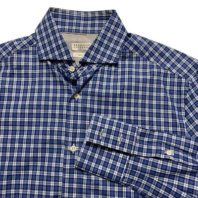 15.5 Brunello Cucinelli Check Dress Shirt Italy Cotton Men S/M Quiet Luxury