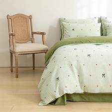 Sage Green Duvet Cover Set Full Size, Cute Gingham Bedding Set with Heart Bow