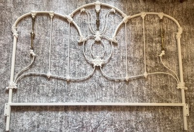 Vintage Elliott's Designs King White Iron Brass Ornate Headboard Footboard Rails