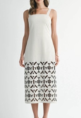 EB Luxe Los Angeles beige linen midi dress with black eyelet embroidery Size M